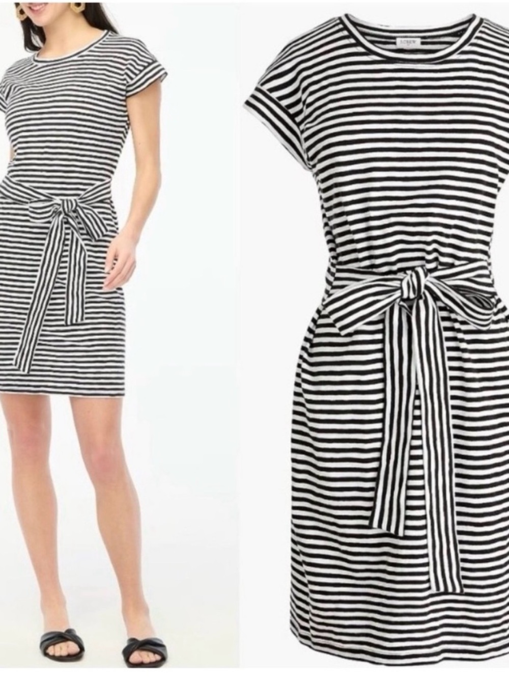 J. Crew black/white striped dress with cap sleeves and tie. Size S.
